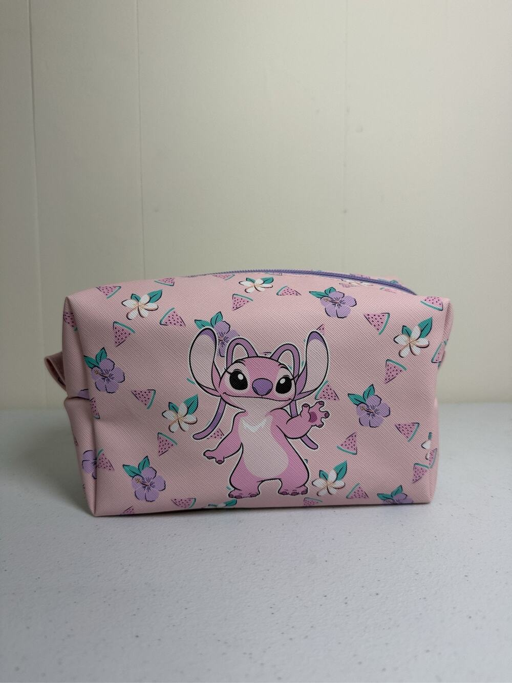 Disney Lilo & Stitch Angel Cosmetic Bag Pink Floral Makeup Travel Pouch